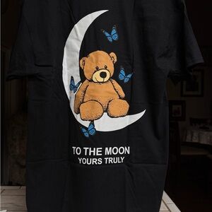 To the Moon-Yours Truly-Phora Black T-Shirt with Teddy Bear and Moon Design